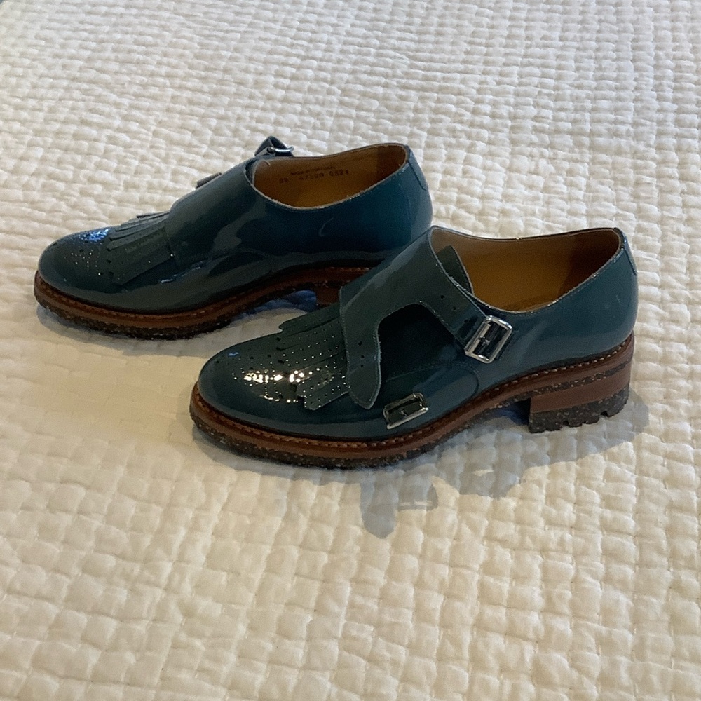Patent Teal Kiltie Monk Strap Loafers for Women, size 39